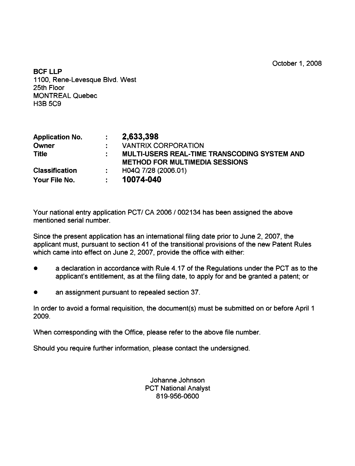 Canadian Patent Document 2633398. Correspondence 20081001. Image 1 of 1