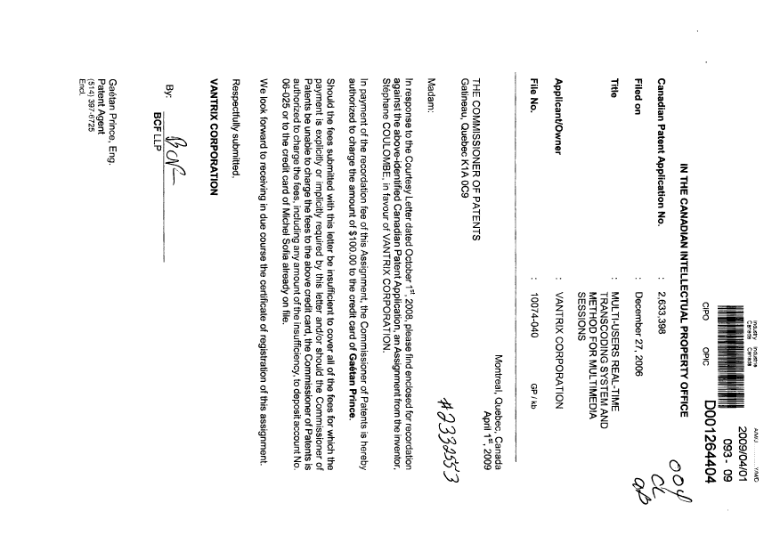 Canadian Patent Document 2633398. Assignment 20090401. Image 1 of 2