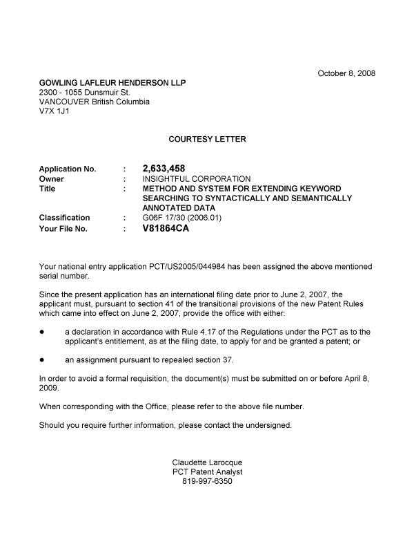 Document de brevet canadien 2633458. Correspondance 20081008. Image 1 de 1