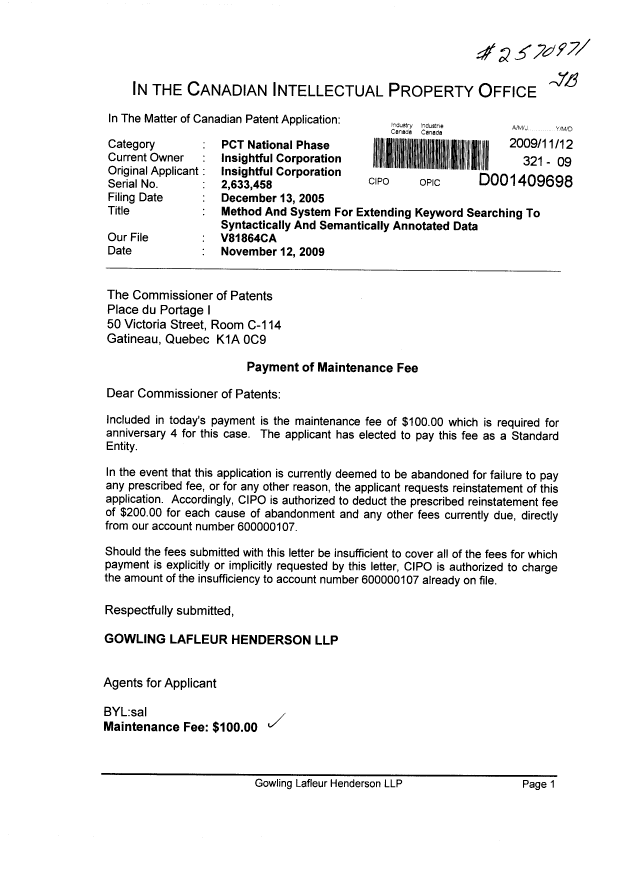 Document de brevet canadien 2633458. Taxes 20091112. Image 1 de 1