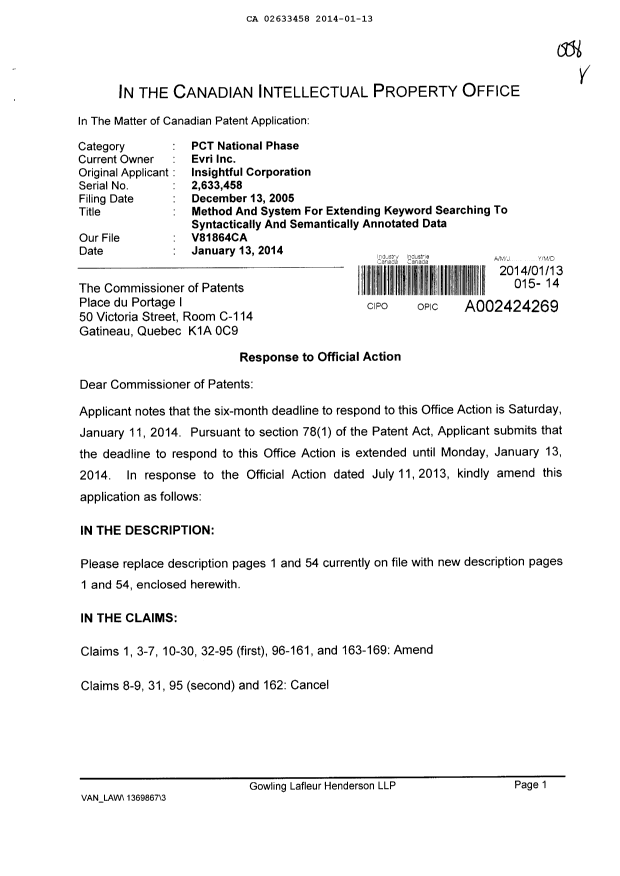 Canadian Patent Document 2633458. Prosecution-Amendment 20140113. Image 1 of 62