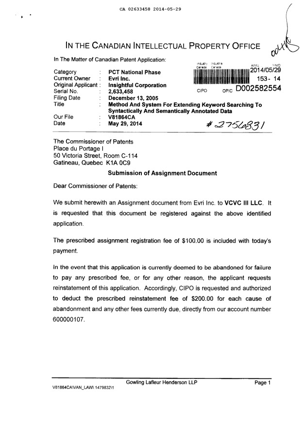 Document de brevet canadien 2633458. Cession 20140529. Image 1 de 5