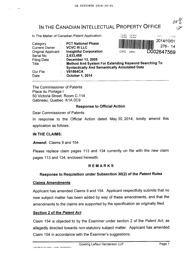 Canadian Patent Document 2633458. Prosecution-Amendment 20141001. Image 1 of 4