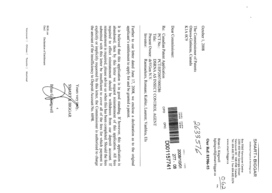 Document de brevet canadien 2633576. Correspondance 20081001. Image 1 de 2