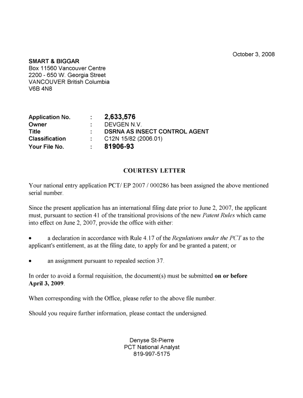 Document de brevet canadien 2633576. Correspondance 20081003. Image 1 de 1