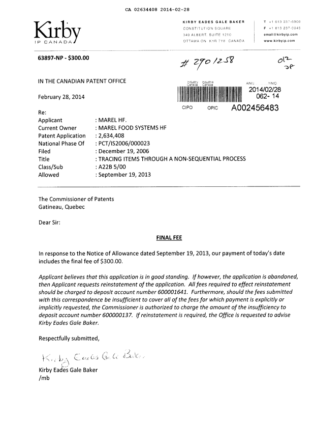 Canadian Patent Document 2634408. Correspondence 20140228. Image 1 of 1