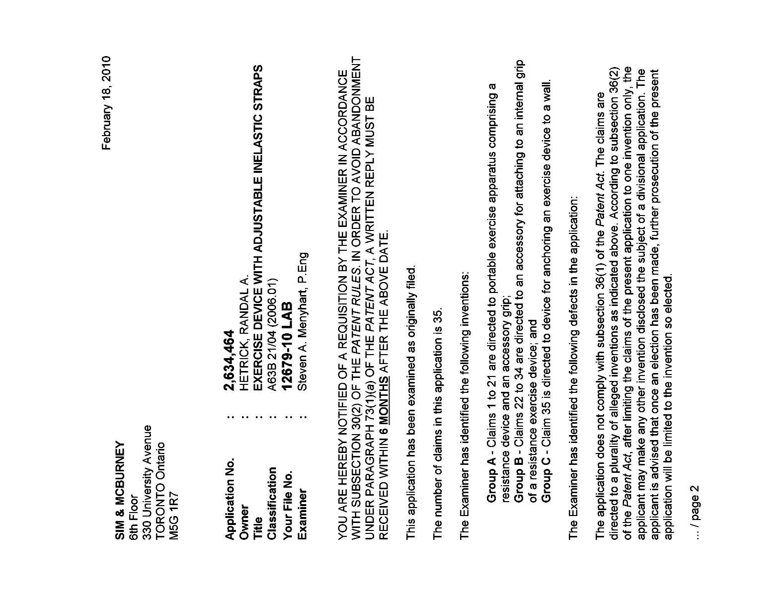 Canadian Patent Document 2634464. Prosecution-Amendment 20091218. Image 1 of 2