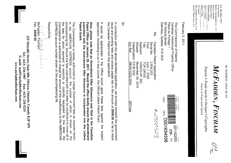 Document de brevet canadien 2634533. Correspondance 20110203. Image 1 de 1