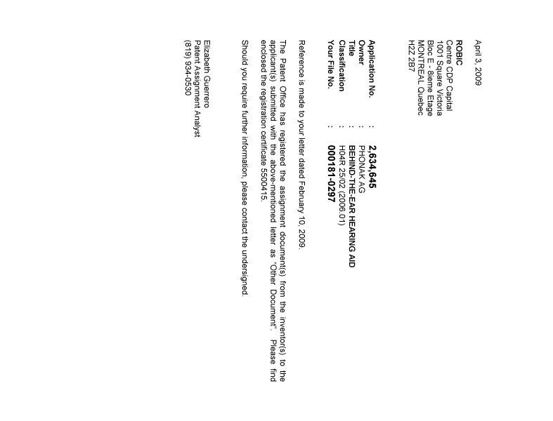 Document de brevet canadien 2634645. Correspondance 20090403. Image 1 de 1
