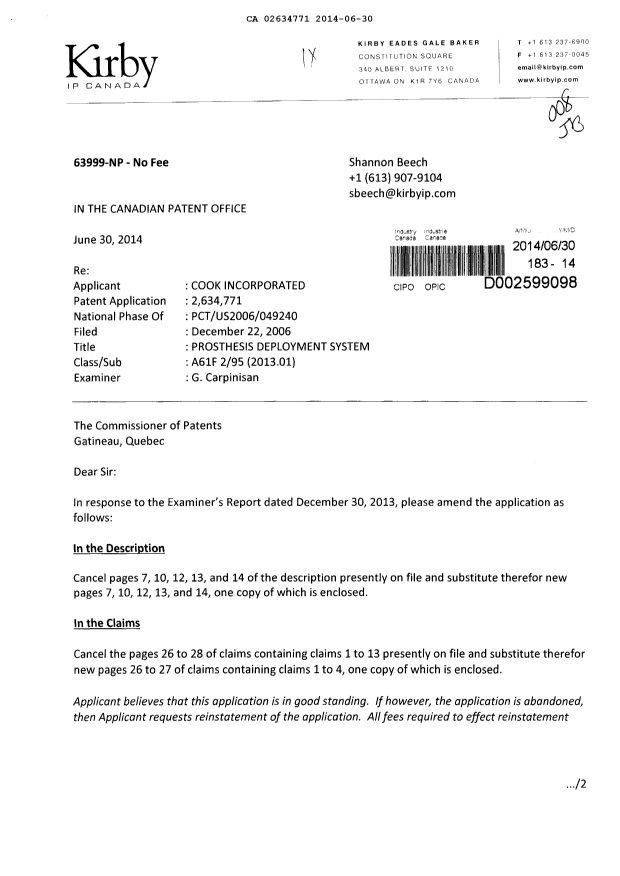 Canadian Patent Document 2634771. Prosecution-Amendment 20140630. Image 1 of 9