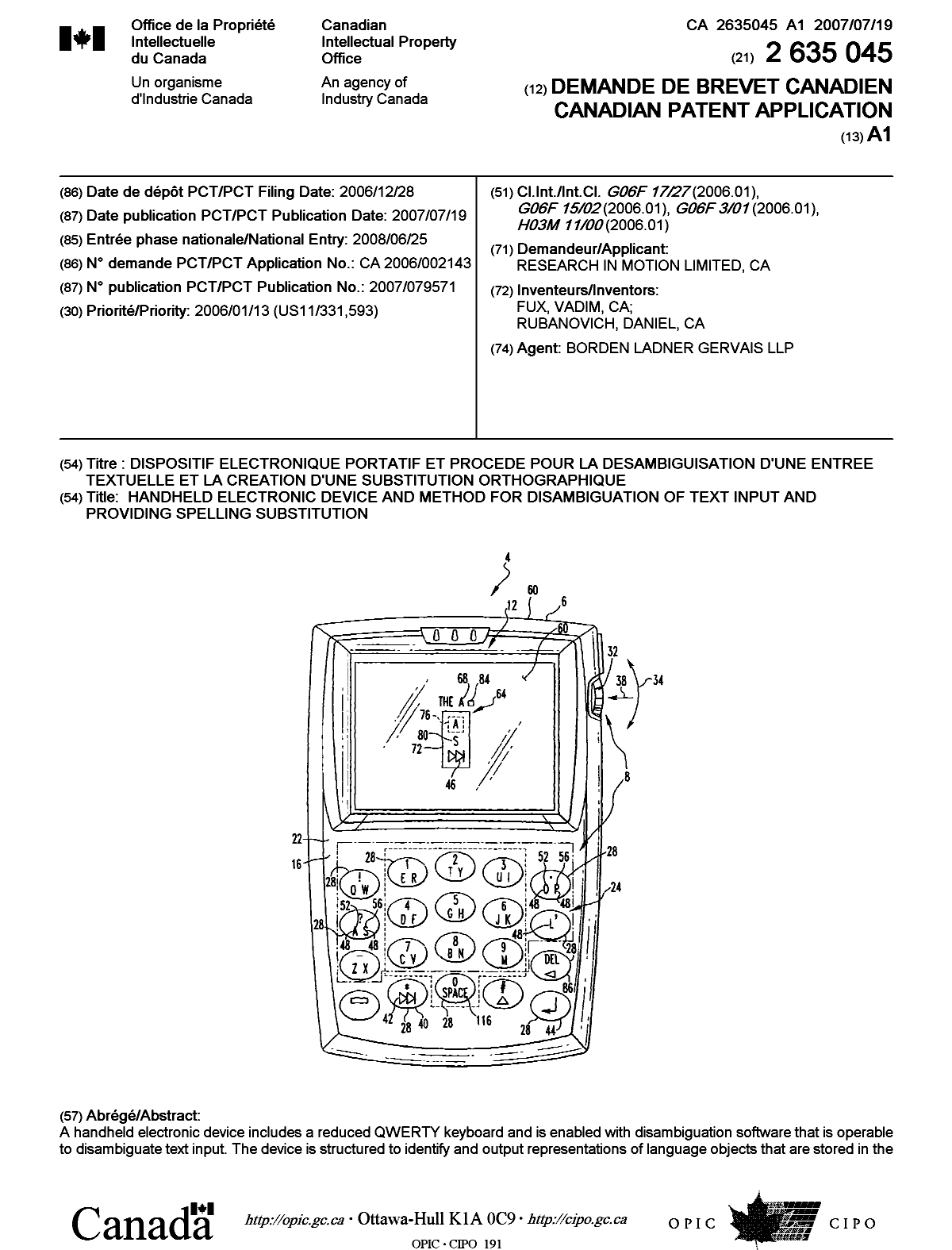 Document de brevet canadien 2635045. Page couverture 20081020. Image 1 de 2