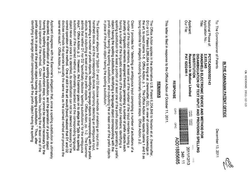 Document de brevet canadien 2635045. Poursuite-Amendment 20111213. Image 1 de 2