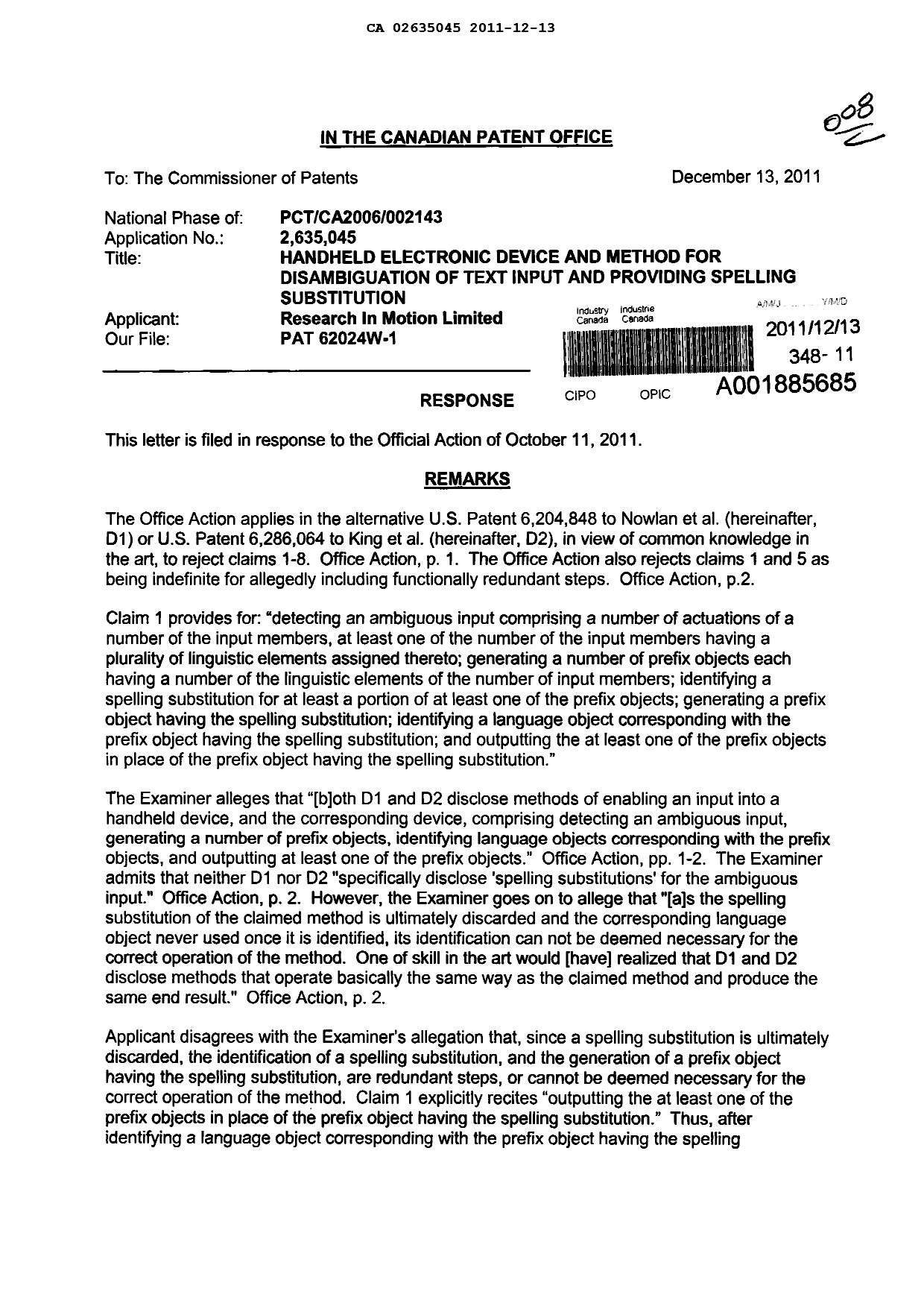 Canadian Patent Document 2635045. Prosecution-Amendment 20111213. Image 1 of 2
