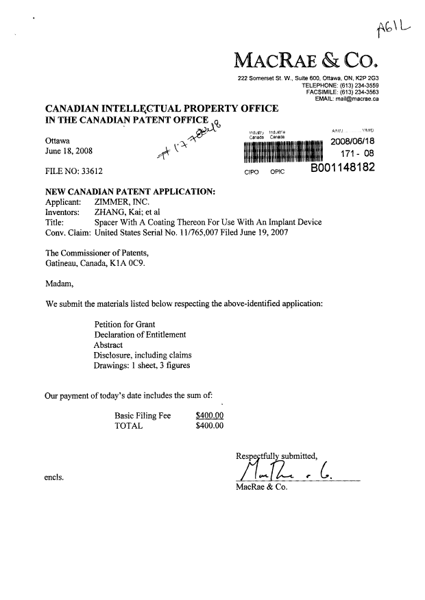 Document de brevet canadien 2635320. Cession 20080618. Image 1 de 3