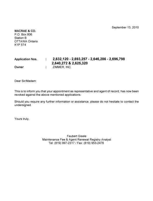 Document de brevet canadien 2635320. Correspondance 20100913. Image 1 de 1