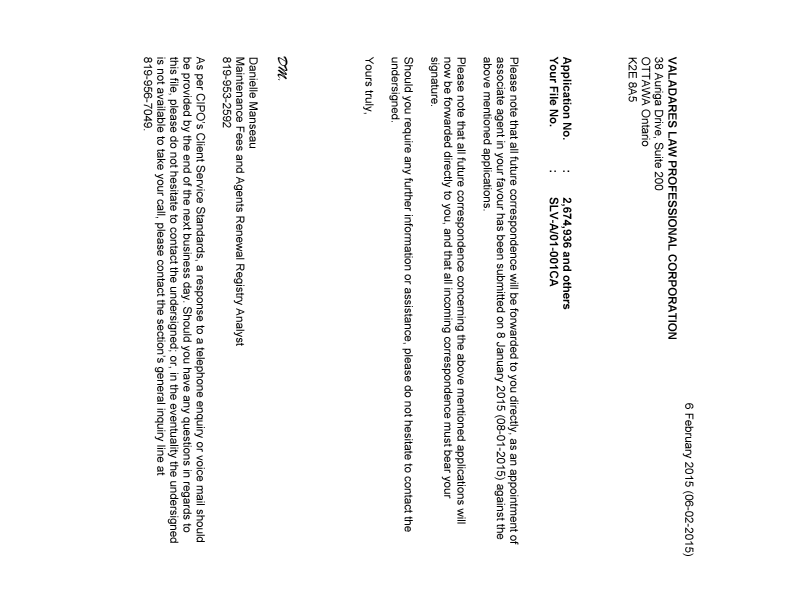 Document de brevet canadien 2635338. Correspondance 20150209. Image 1 de 2