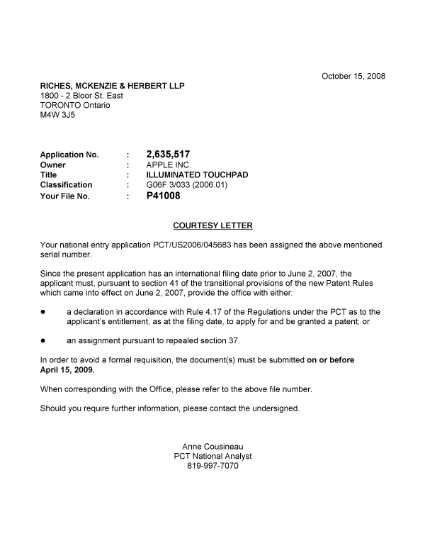 Document de brevet canadien 2635517. Correspondance 20081015. Image 1 de 1