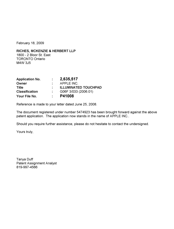 Document de brevet canadien 2635517. Correspondance 20090218. Image 1 de 1