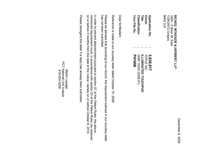Document de brevet canadien 2635517. Correspondance 20091208. Image 1 de 1