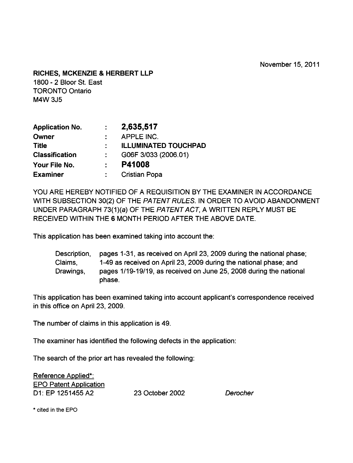 Document de brevet canadien 2635517. Poursuite-Amendment 20111115. Image 1 de 5