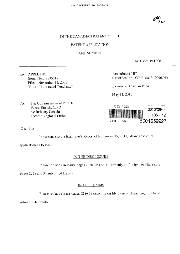 Canadian Patent Document 2635517. Prosecution-Amendment 20120511. Image 1 of 13