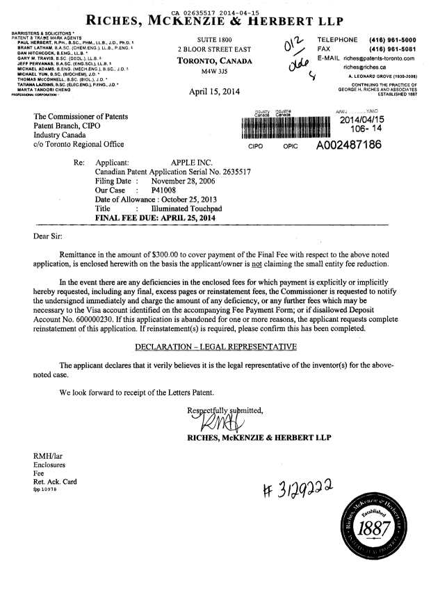 Document de brevet canadien 2635517. Correspondance 20140415. Image 1 de 1