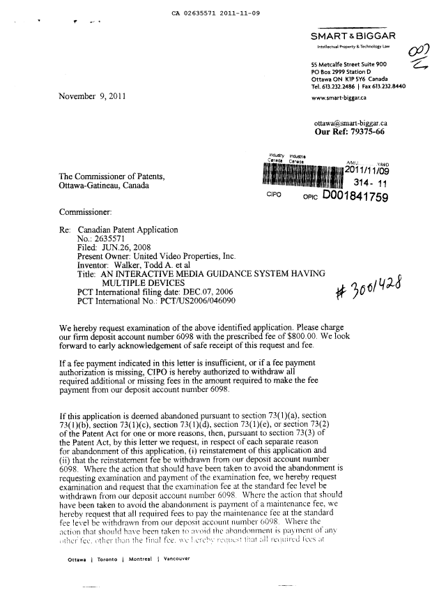 Document de brevet canadien 2635571. Poursuite-Amendment 20101209. Image 1 de 2