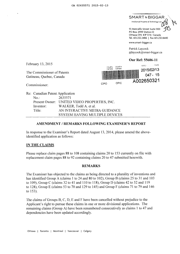 Canadian Patent Document 2635571. Prosecution-Amendment 20141213. Image 1 of 7