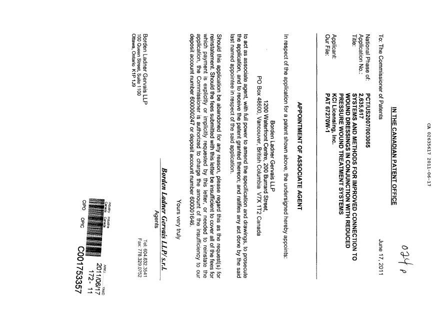 Document de brevet canadien 2635617. Correspondance 20110617. Image 1 de 1