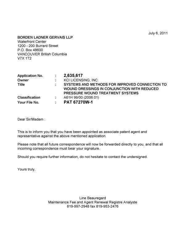 Document de brevet canadien 2635617. Correspondance 20110706. Image 1 de 1