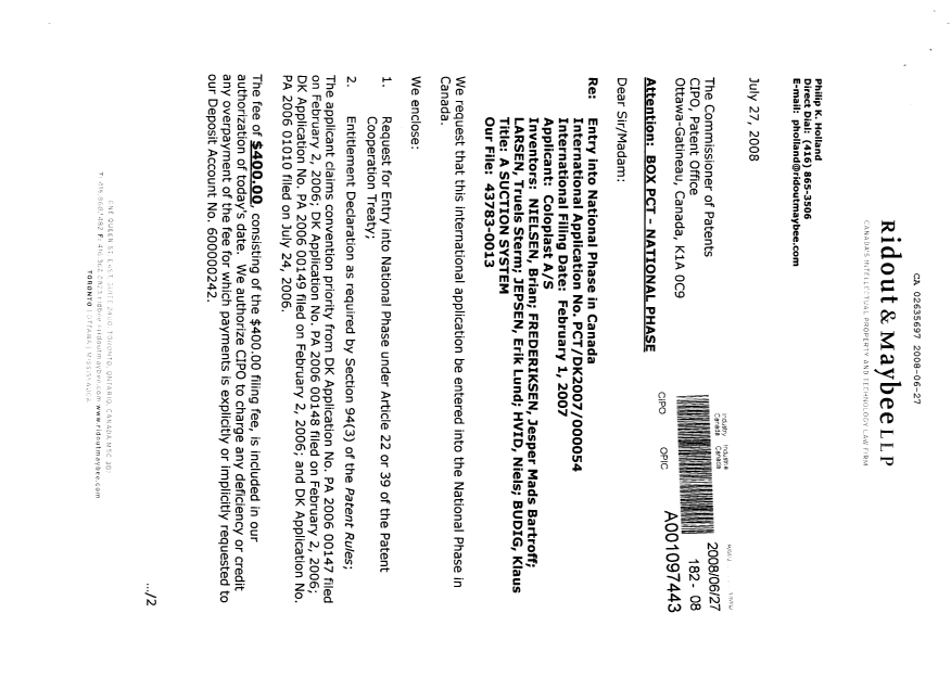 Document de brevet canadien 2635697. Cession 20080627. Image 1 de 6
