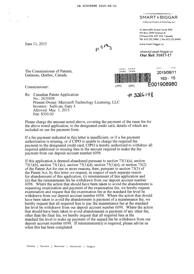 Document de brevet canadien 2635898. Taxe finale 20150611. Image 1 de 2