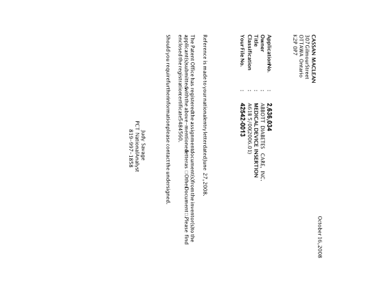 Document de brevet canadien 2636034. Correspondance 20081015. Image 1 de 1