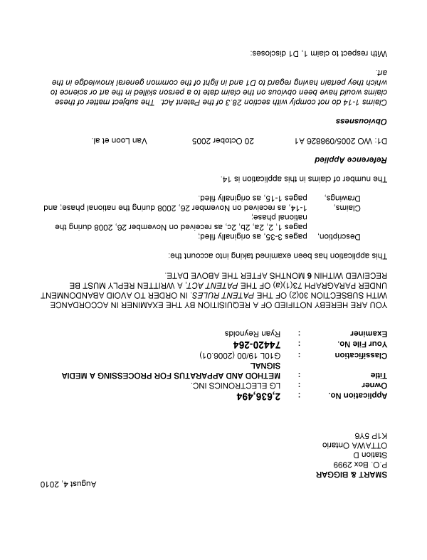 Canadian Patent Document 2636494. Prosecution-Amendment 20100804. Image 1 of 3