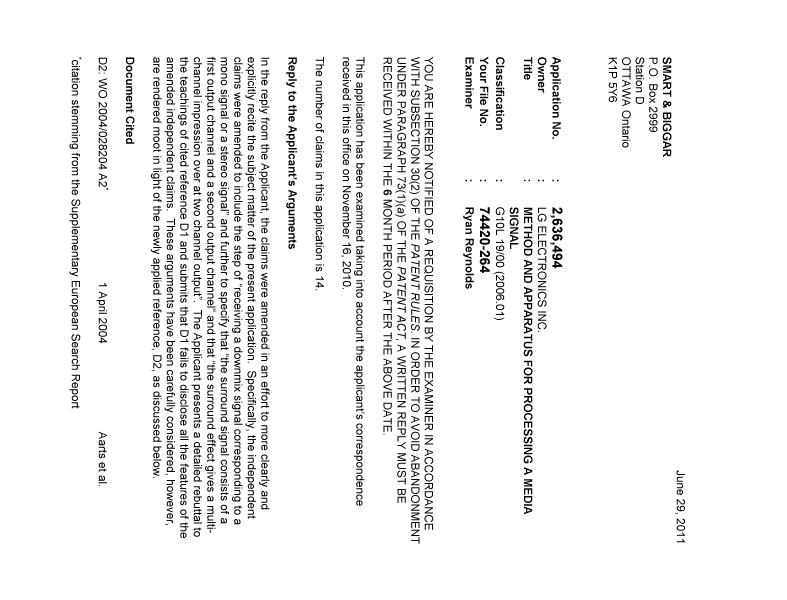 Document de brevet canadien 2636494. Poursuite-Amendment 20110629. Image 1 de 3