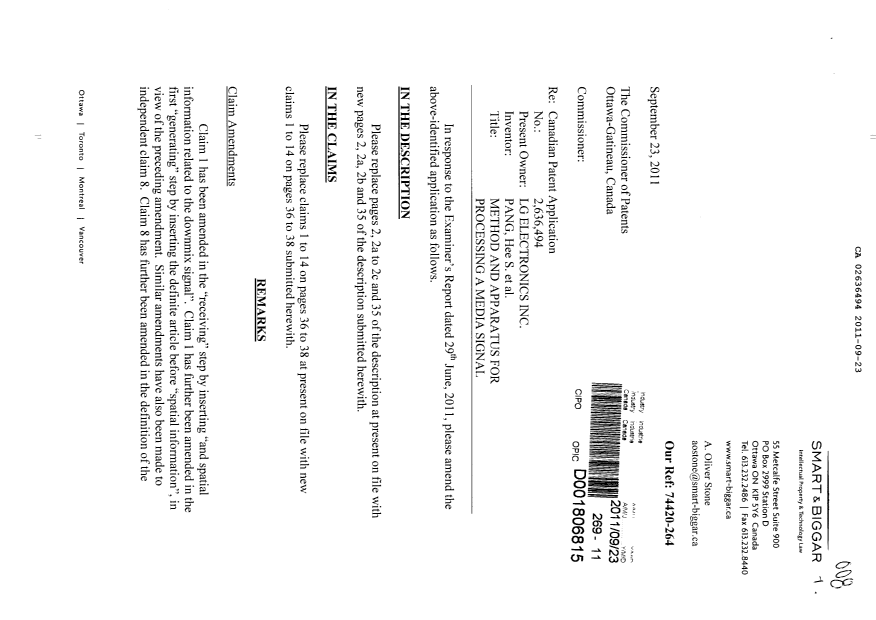 Document de brevet canadien 2636494. Poursuite-Amendment 20110923. Image 1 de 11
