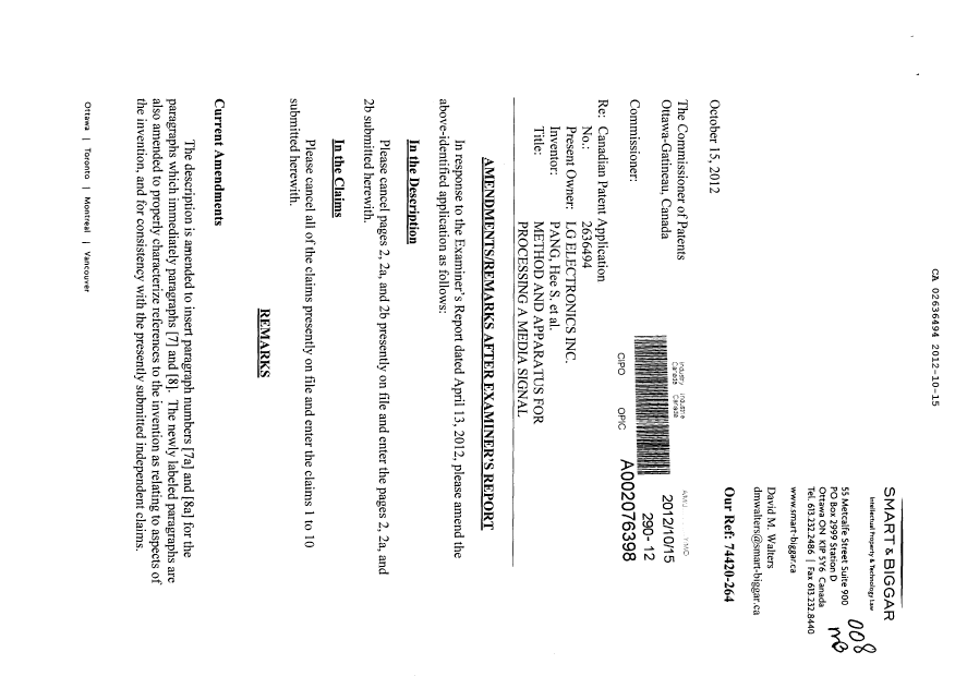 Document de brevet canadien 2636494. Poursuite-Amendment 20121015. Image 1 de 14