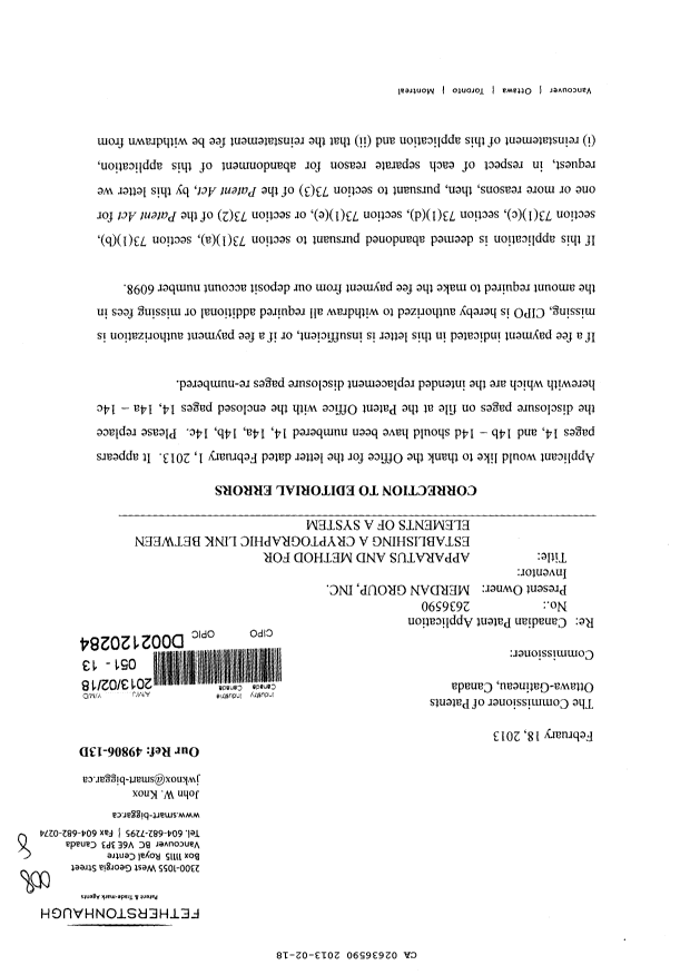 Canadian Patent Document 2636590. Prosecution-Amendment 20130218. Image 1 of 6
