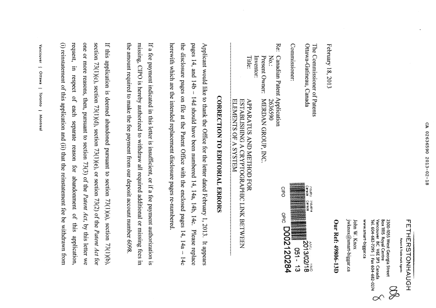 Document de brevet canadien 2636590. Poursuite-Amendment 20130218. Image 1 de 6