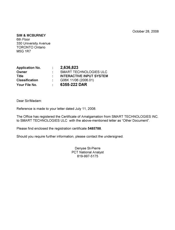 Canadian Patent Document 2636823. Correspondence 20081028. Image 1 of 1