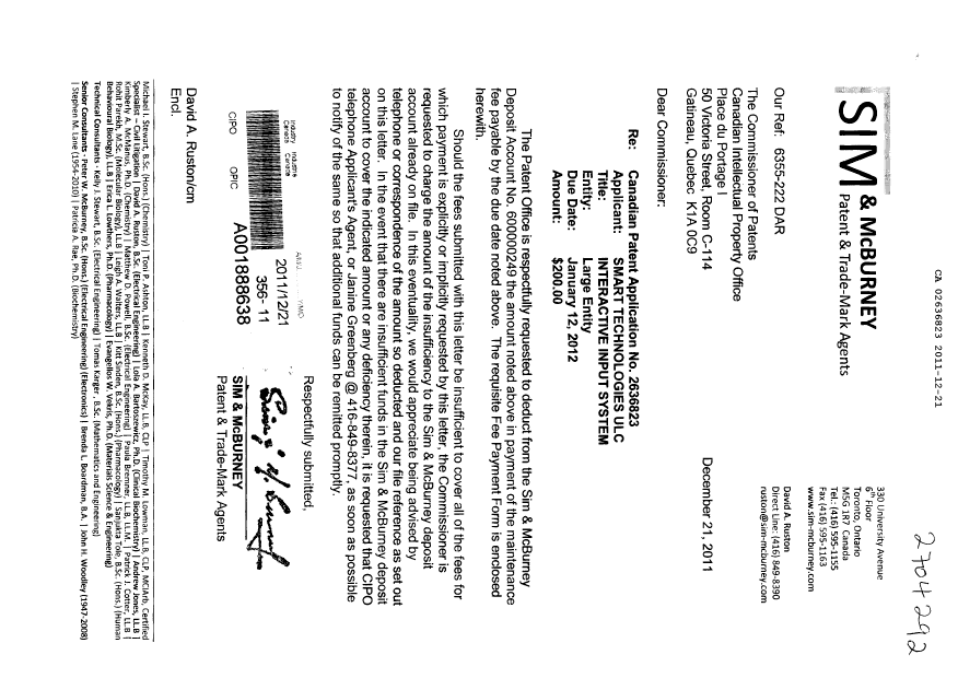 Document de brevet canadien 2636823. Taxes 20111221. Image 1 de 1