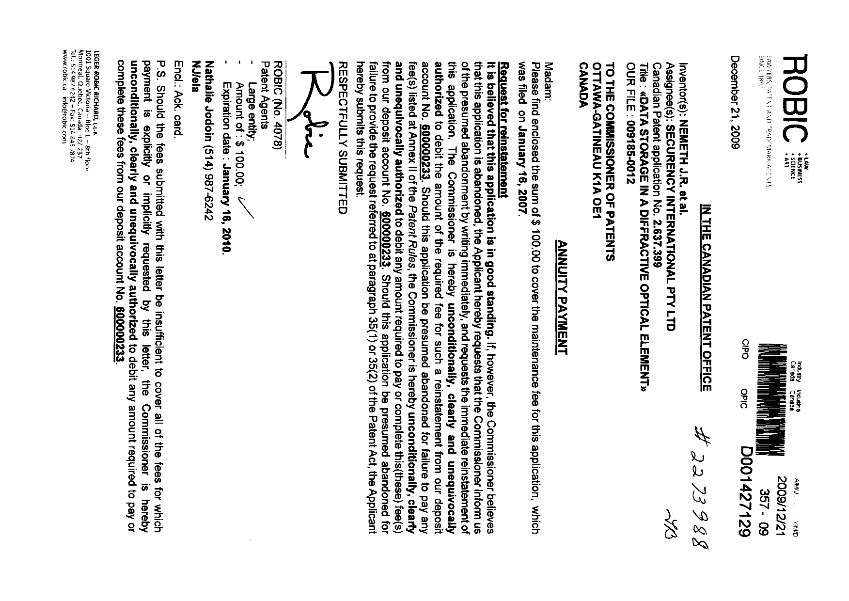 Canadian Patent Document 2637399. Fees 20091221. Image 1 of 1