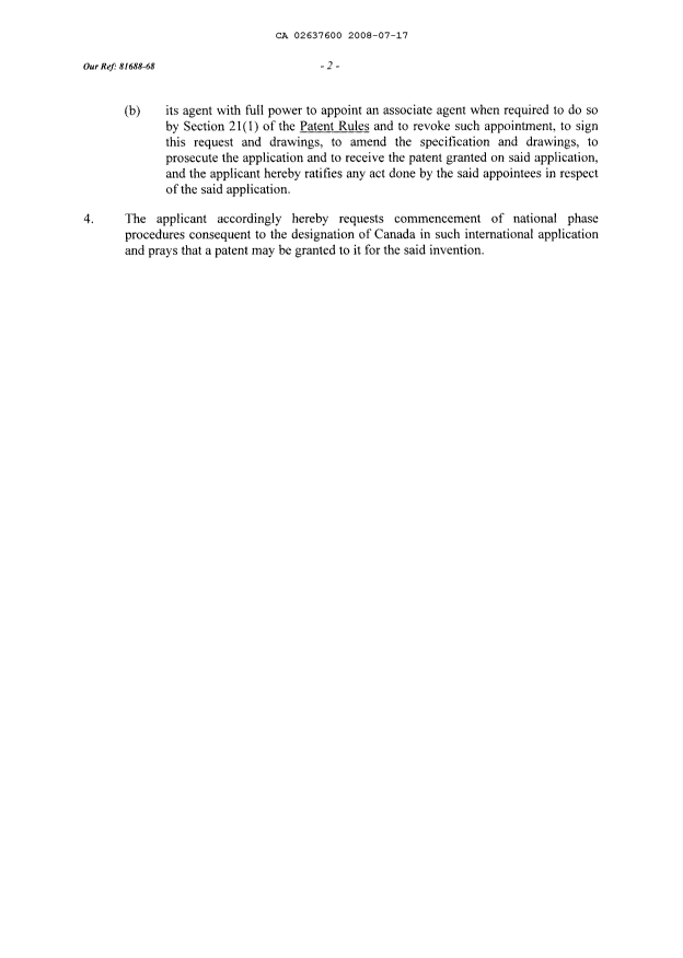 Document de brevet canadien 2637600. Cession 20080717. Image 4 de 4