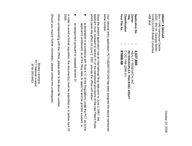 Document de brevet canadien 2637600. Correspondance 20081023. Image 1 de 1