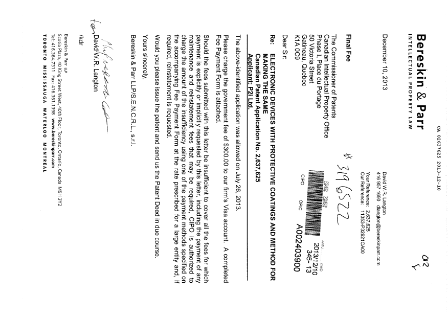 Document de brevet canadien 2637625. Correspondance 20131210. Image 1 de 1