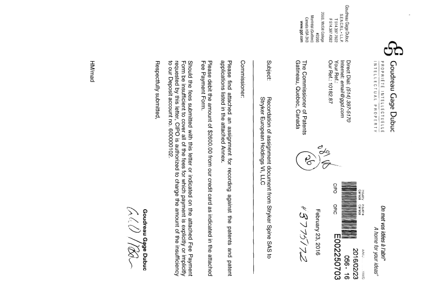 Document de brevet canadien 2637684. Cession 20160223. Image 1 de 31