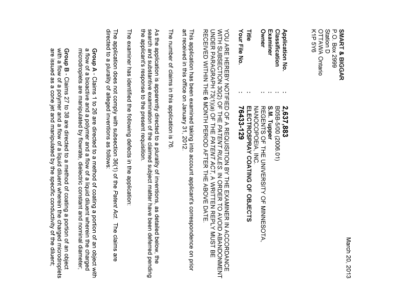 Document de brevet canadien 2637883. Poursuite-Amendment 20130320. Image 1 de 4