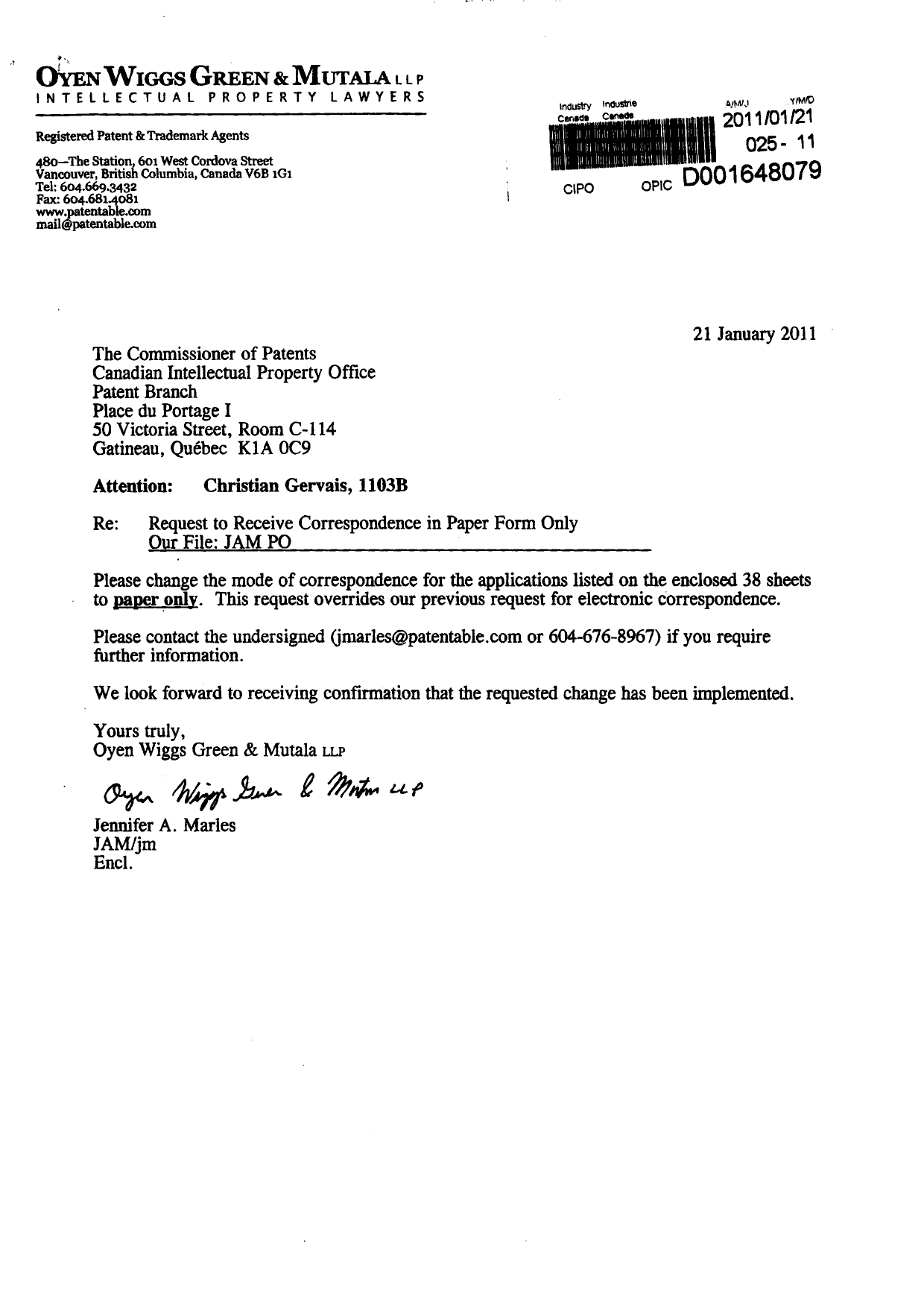 Document de brevet canadien 2638520. Correspondance 20110121. Image 1 de 2