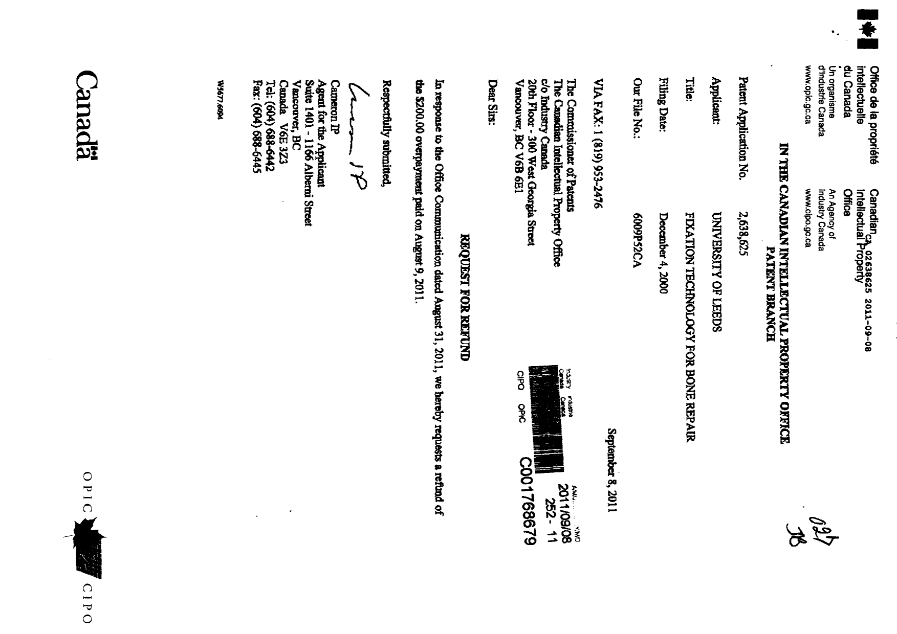 Document de brevet canadien 2638625. Poursuite-Amendment 20101206. Image 2 de 19