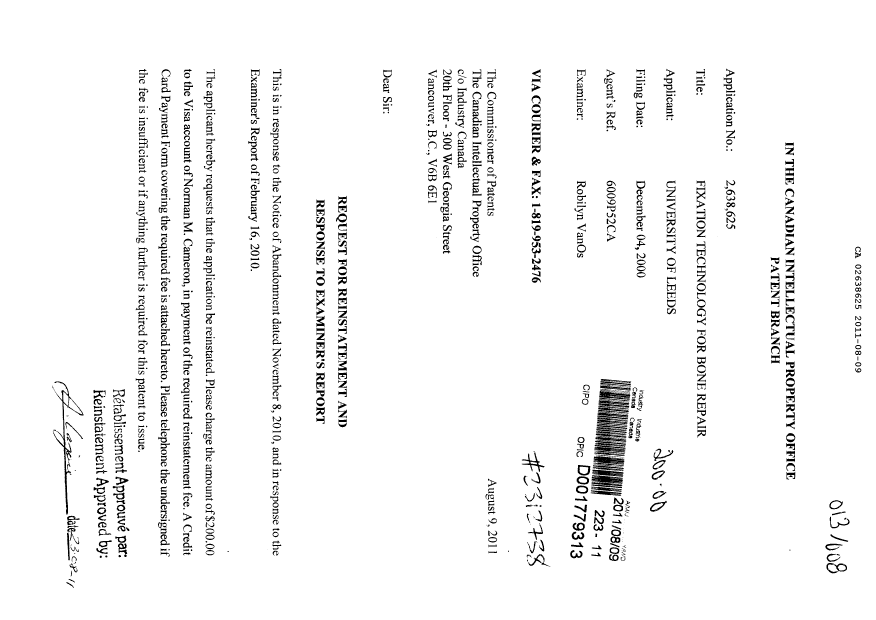 Document de brevet canadien 2638625. Poursuite-Amendment 20110809. Image 1 de 16